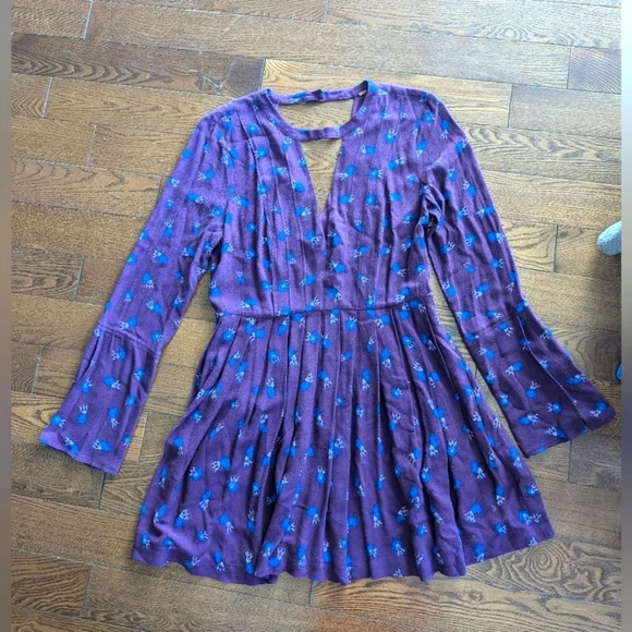 Free People Tegan Floral Purple Long Sleeve Keyhole Mini Dress Boho Hippie Fairy - Picture 5 of 16